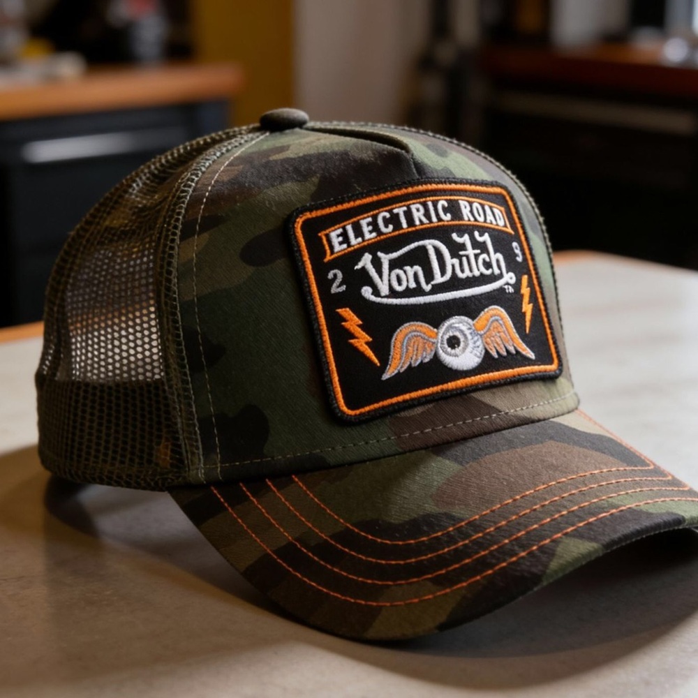 Von Dutch Camouflage Trucker Hat with Orange Patch